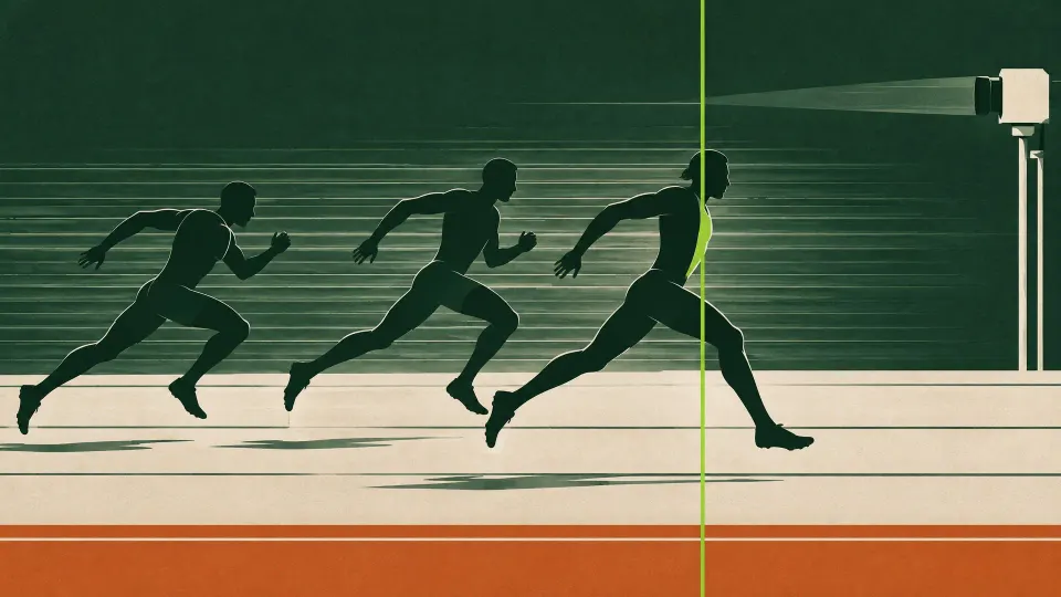 Editorial cover for What decides an athletics photo finish? Why the torso, not an arm or leg, takes the place
