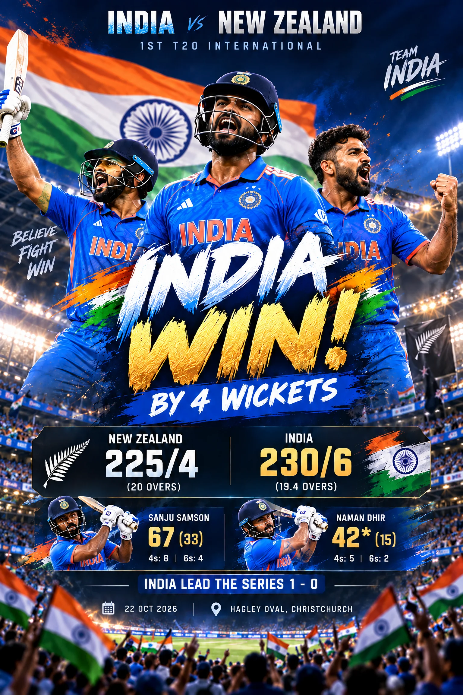 India Beat New Zealand by 4 Wickets: Samson and Dhir Seal First T20I Win